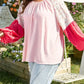 Pink Contrast Floral Patchwork Long Sleeve Plus Size Blouse