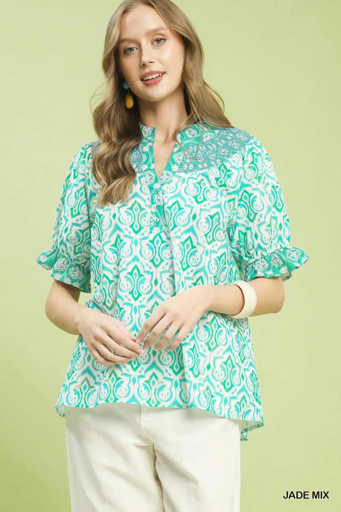 Mix Boho Puff Sleeve Smocked Top