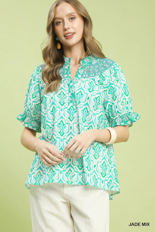 Mix Boho Puff Sleeve Smocked Top