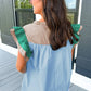 Mist Blue Colorblock Ruffled Sleeve Frill V Neck Blouse