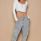 Tie waistband contrast crochet cargo pockets denim joggers