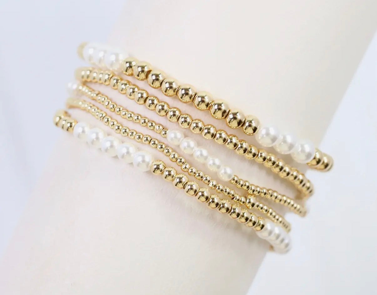 Gold & White Pearl Bracelet Set