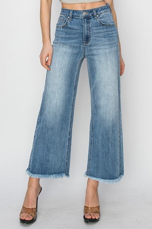 High Rise Crop Wide Leg Frayed Hem Jeans