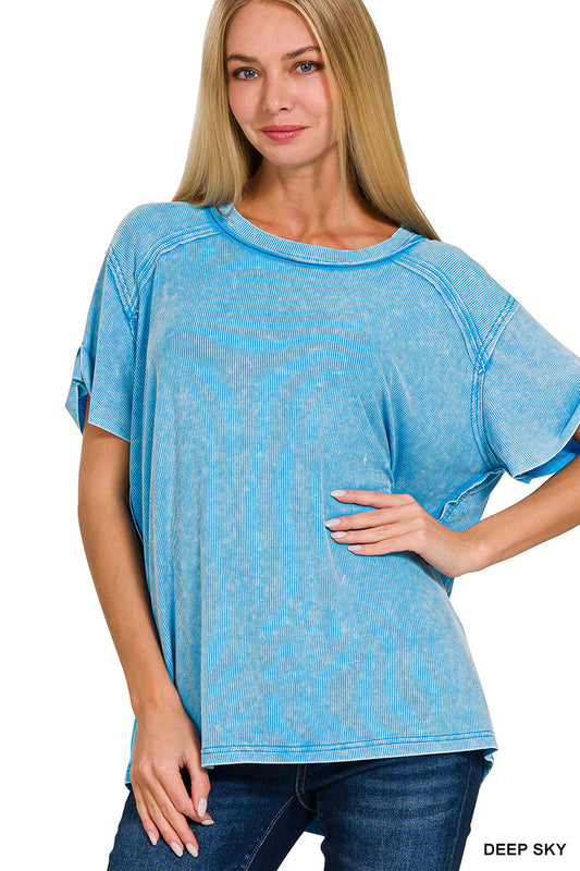 Acid Wash Round Neck Top