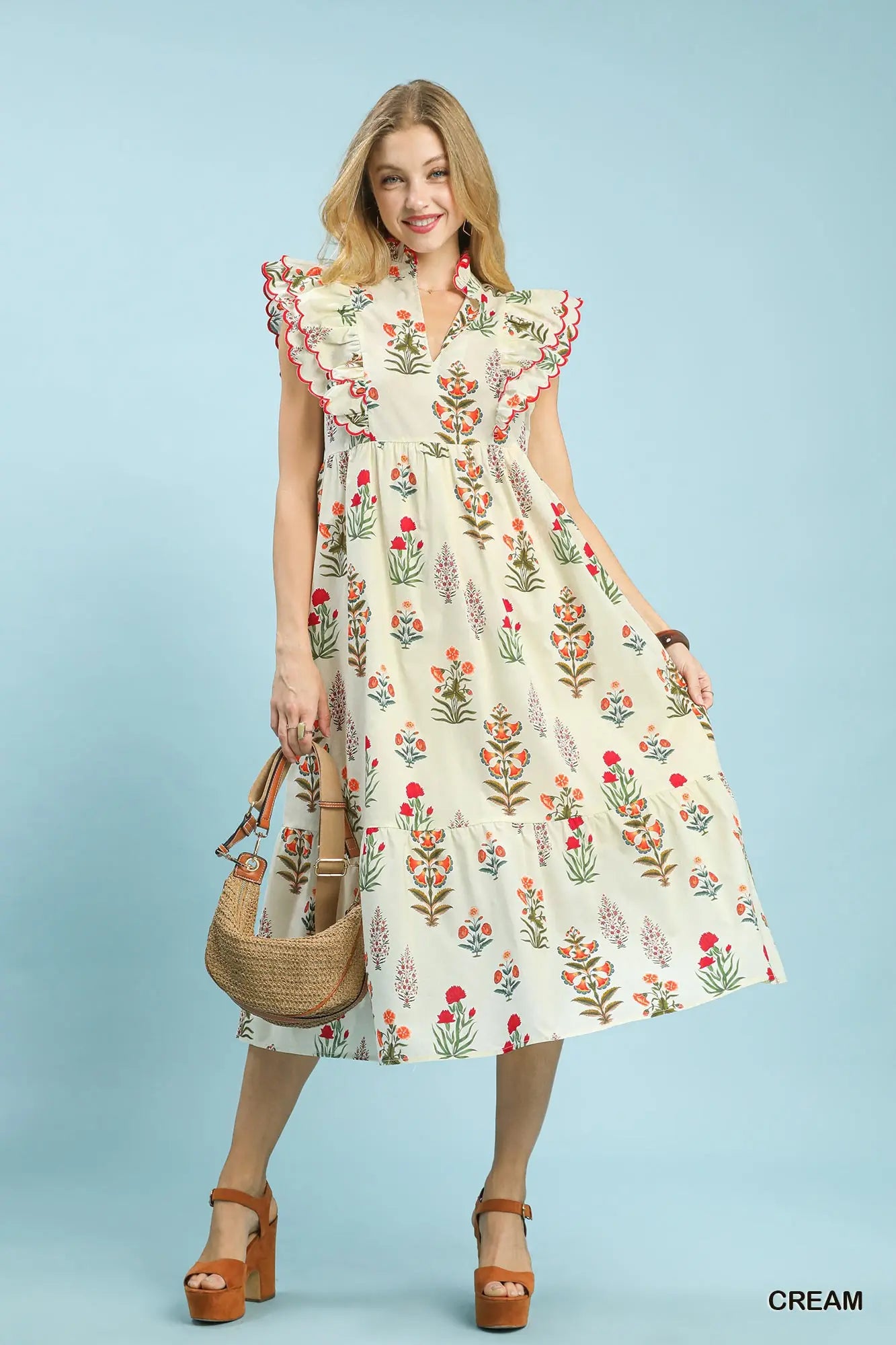 Block Floral Print Midi Dress