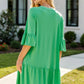 Wrinkle Free Shirred Tiered Relaxed 3/4 Sleeve Dress