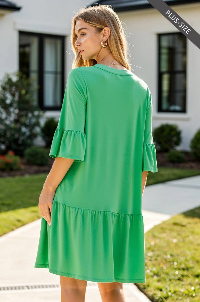 Wrinkle Free Shirred Tiered Relaxed 3/4 Sleeve Dress