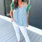 Mist Blue Colorblock Ruffled Sleeve Frill V Neck Blouse