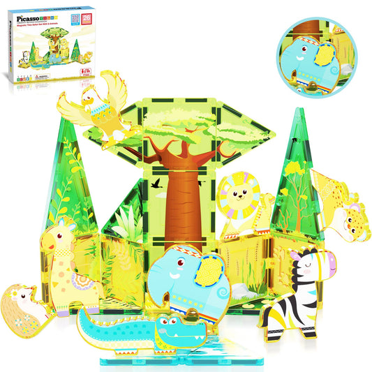 PicassoTiles 26pc Safari Theme Magnetic Tile Building Set