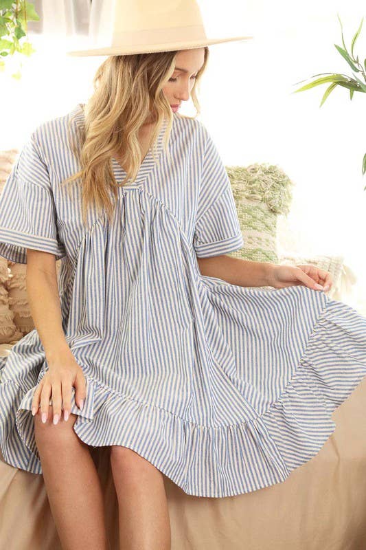 V-Neck Striped 100% Cotton Tiered Woven Dress VD81038
