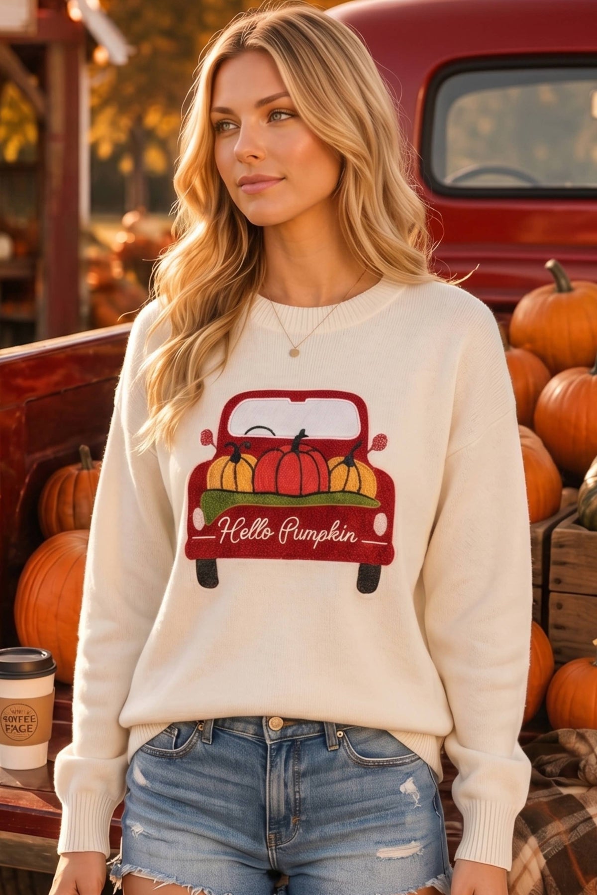 Pumpkin Truck Embroidered Patchwork Sweater Knit Top