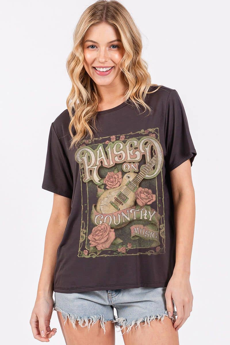 Raised On Country Music Graphic Rayon Top