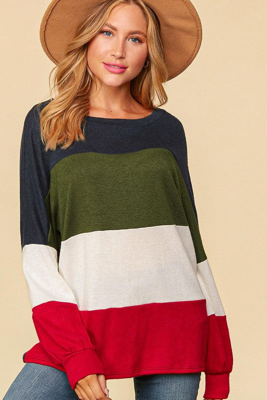 Navy Olive Red Ivory Soft Color Block Loose Fit Top