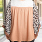 Khaki Printed Plus Ruffle Leopard Sleeve Waffled Color Block Top