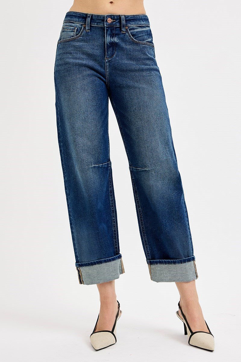 Dark Wash Cuff Barrel Jeans