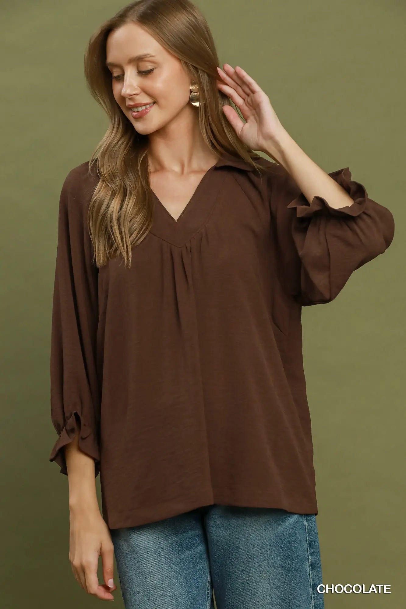Collard Split V-Neck Top