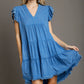 Blue Flutter Sleeve Short Dress