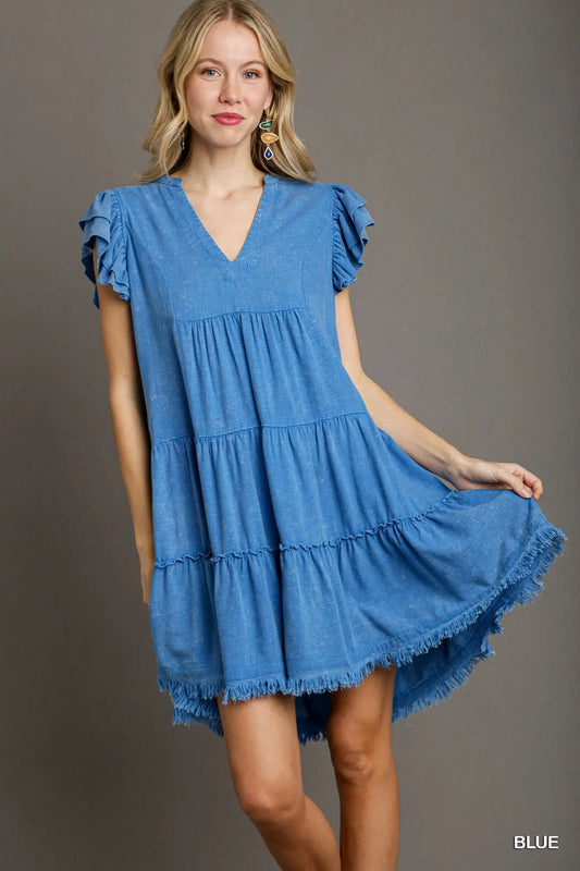 Blue Flutter Sleeve Short Dress