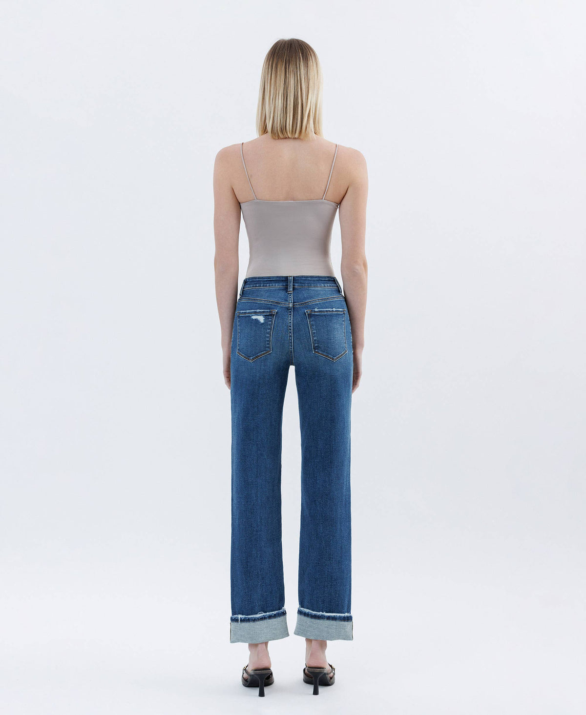 HIGH RISE DARK WASH CUFFED STRAIGHT JEANS