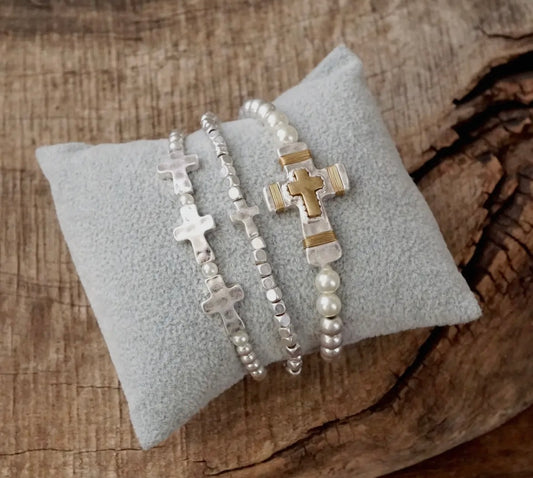 Cross Bracelet Set Worn Silver