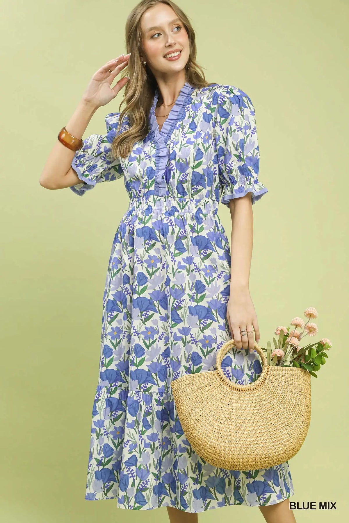 Floral Ruffle Trim Tiered Midi Dress