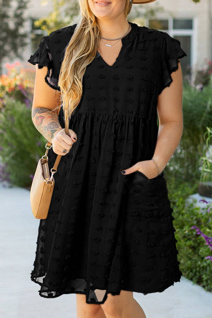 Navy Blue Dotty Textured Notched Neck Plus Ruffled Dress