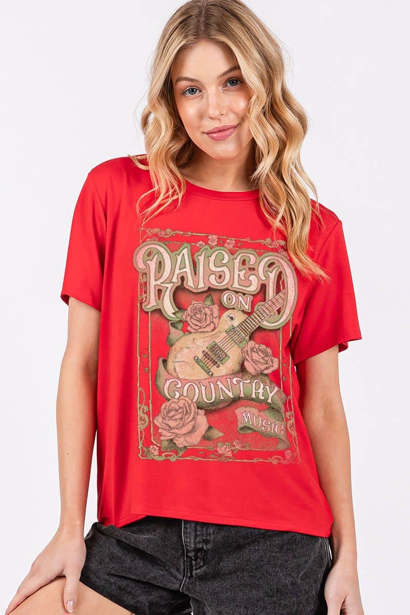 Raised On Country Music Graphic Rayon Top