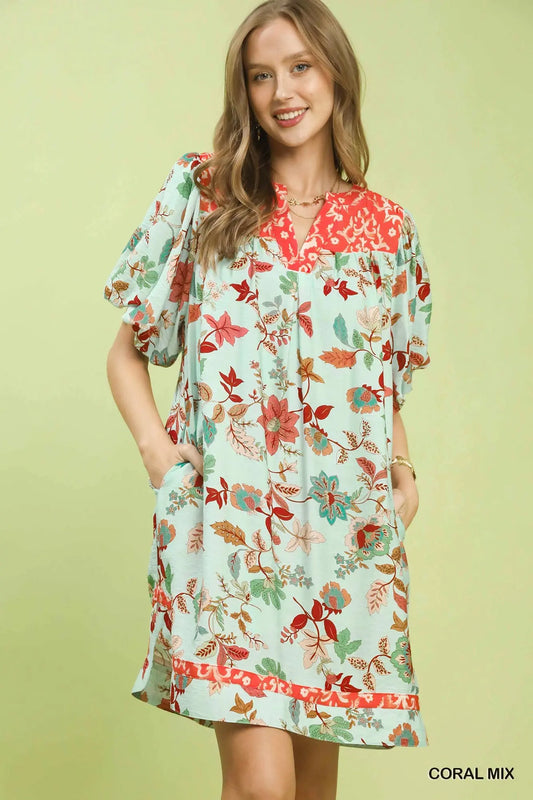 Coral Mixed Floral Dress