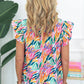 Rose Red Floral Print Ruffled Flutter Sleeve Blouse
