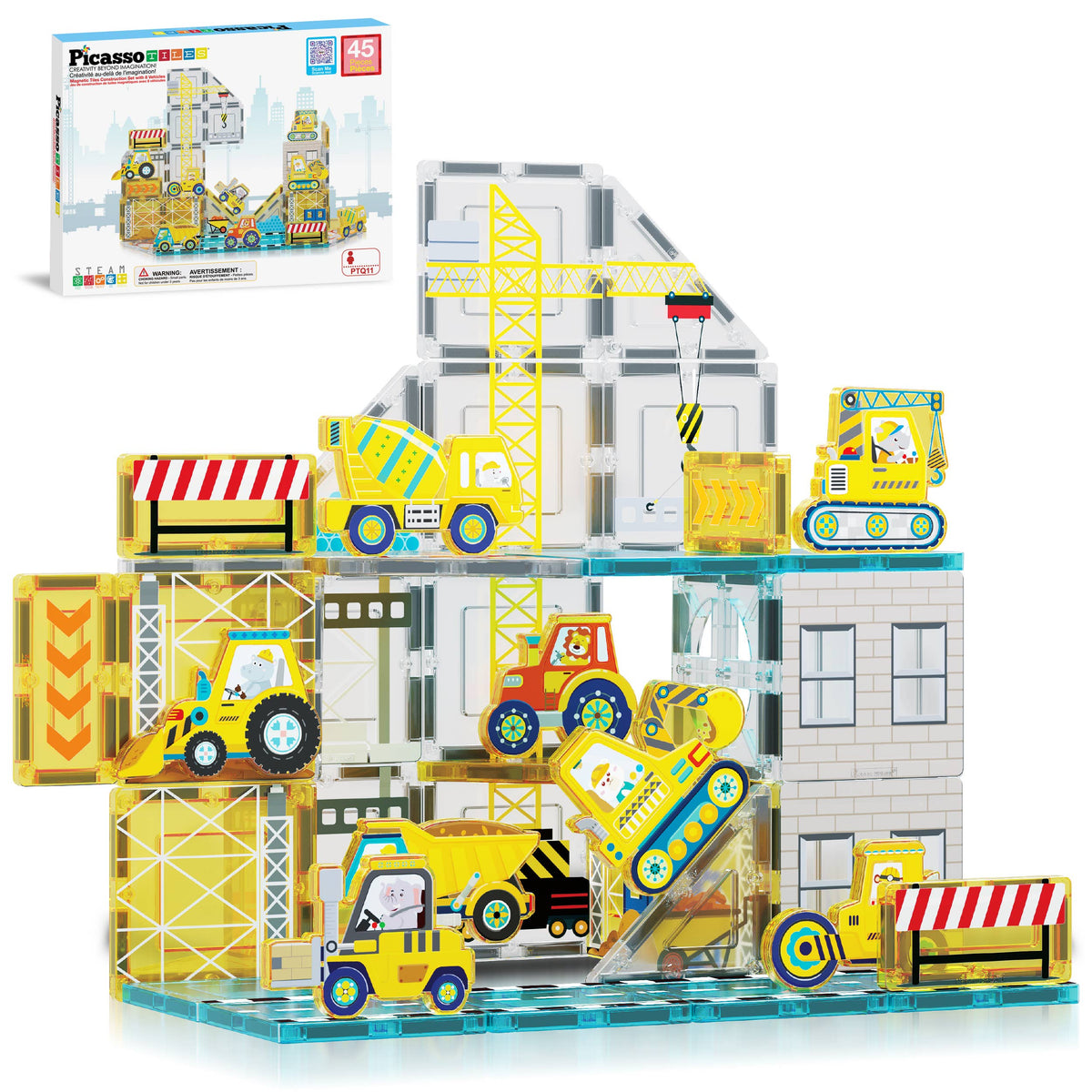 PicassoTiles 45pc Construction Magnetic Tile Building Set
