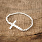 Minimal Cross Stretchy Bracelet in Worn Silver tone with Ball Beads