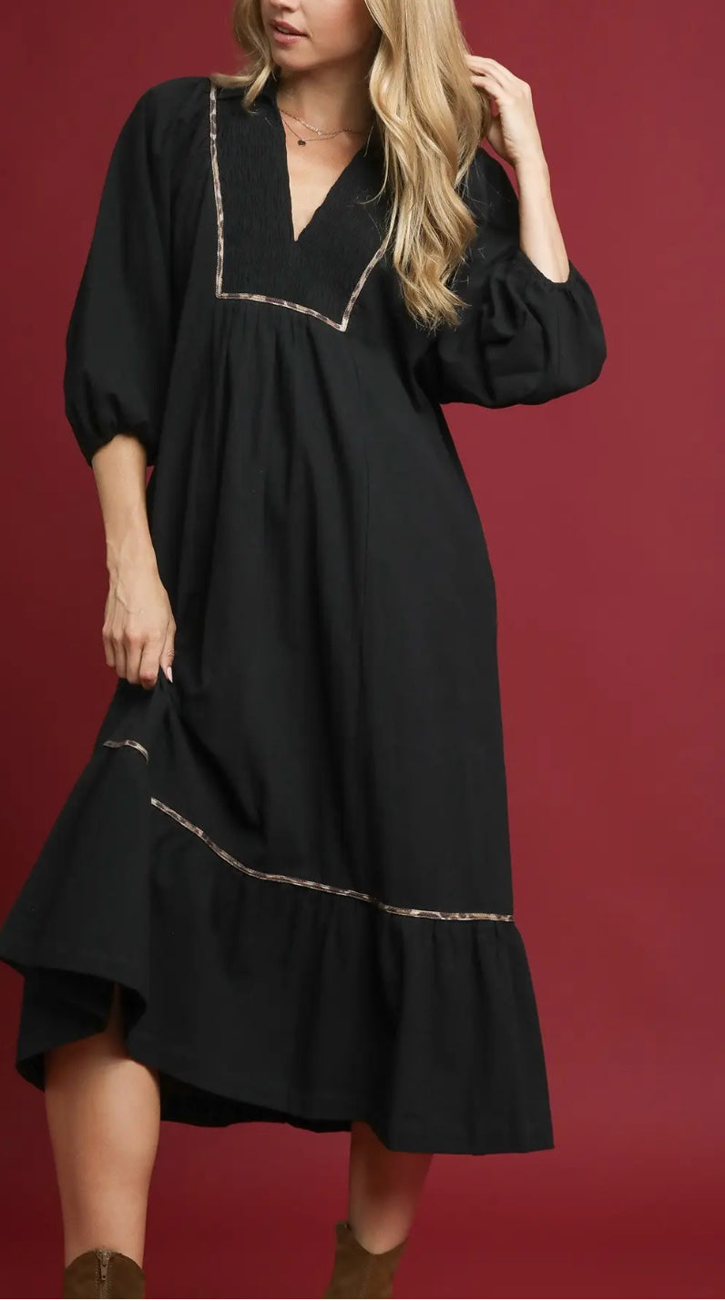 Leopard Trim Midi Dress