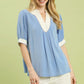 Periwinkle Linen Blend Contrast Trim Top