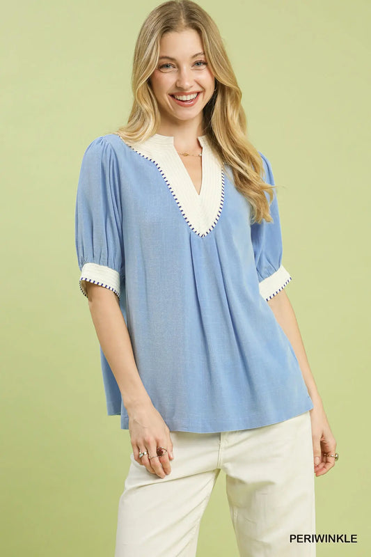 Periwinkle Linen Blend Contrast Trim Top