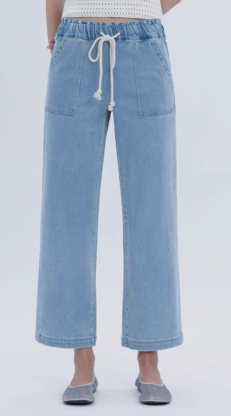 High Rise Elastic Waistband Wide Leg Jeans