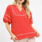 Textured Contrast Trim Top