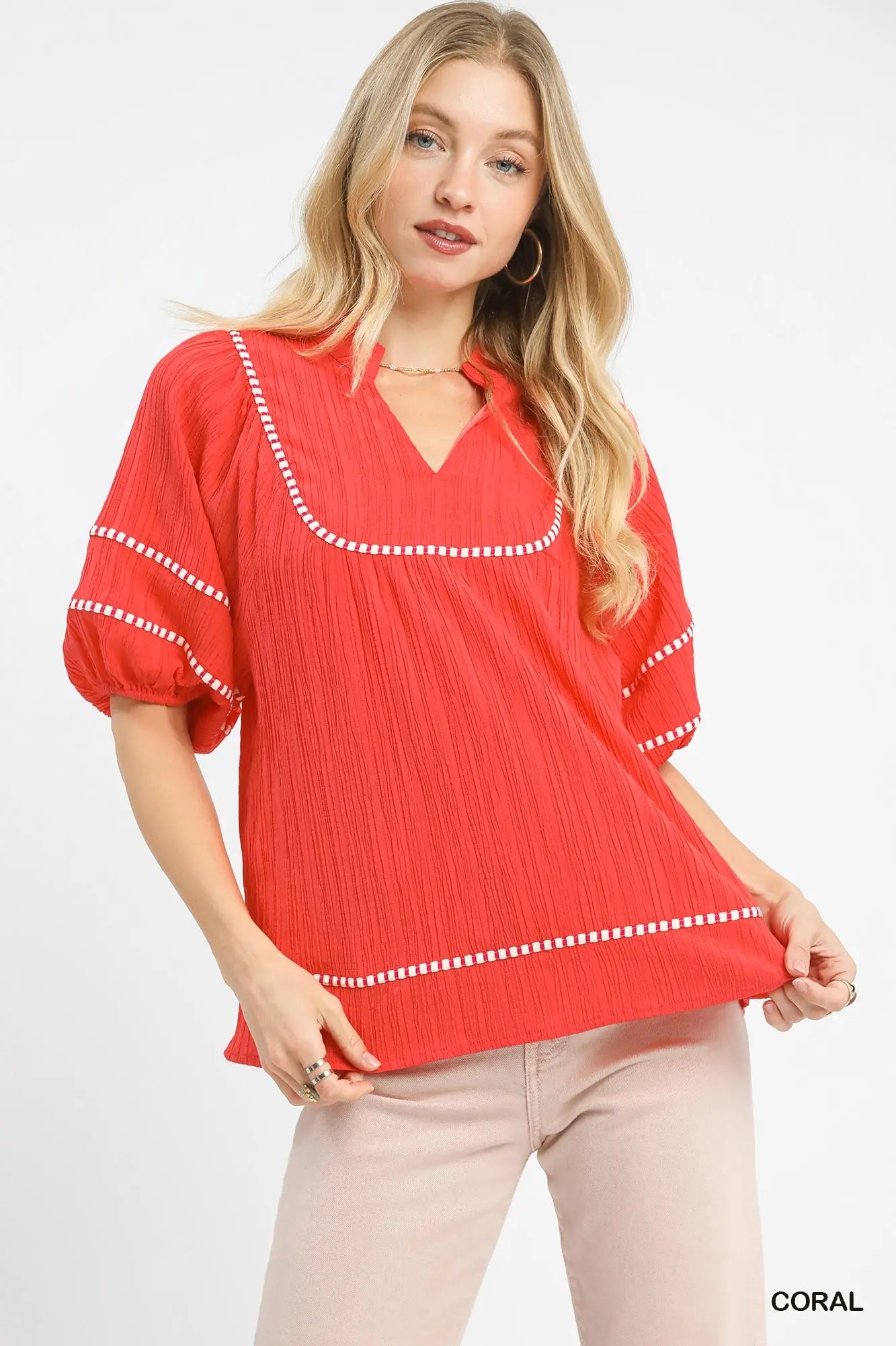 Textured Contrast Trim Top