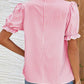 Pink Stripe Notched Neck Frilled Short Puff Sleeve Blouse