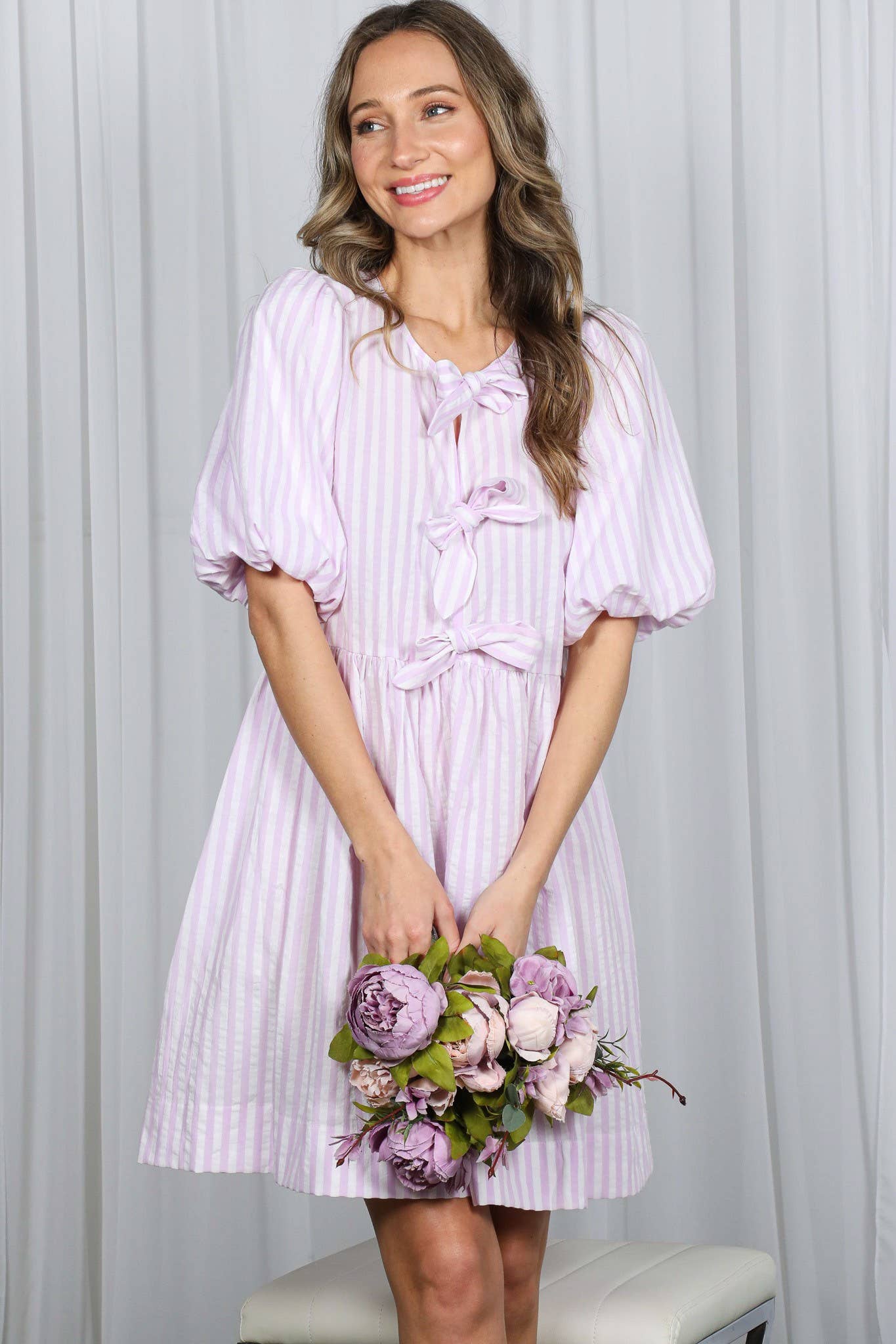 Bow Tie Front Striped Baby Doll Mini Dress VD82683