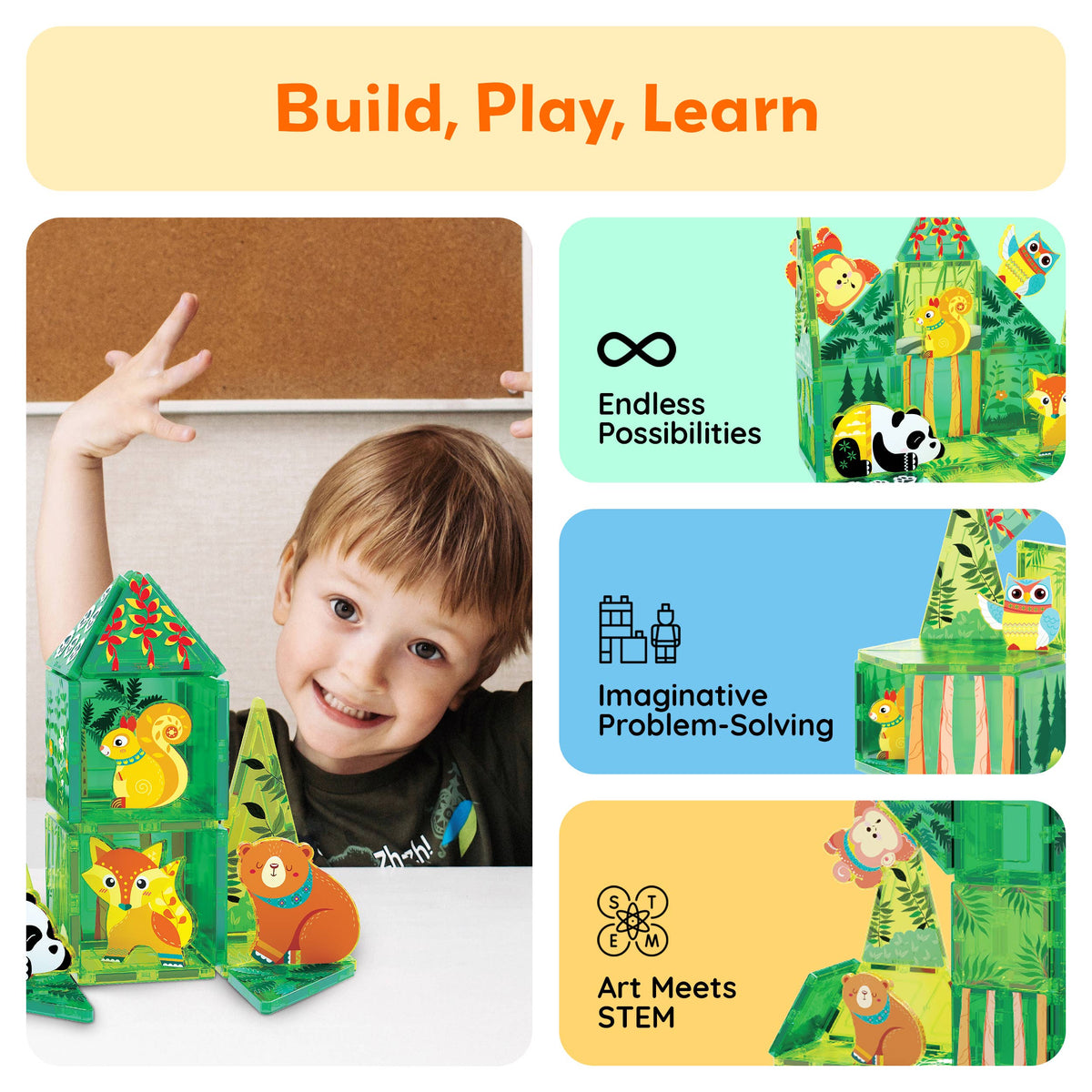 PicassoTiles 26 Piece Forest Animal Magnet Tile Set