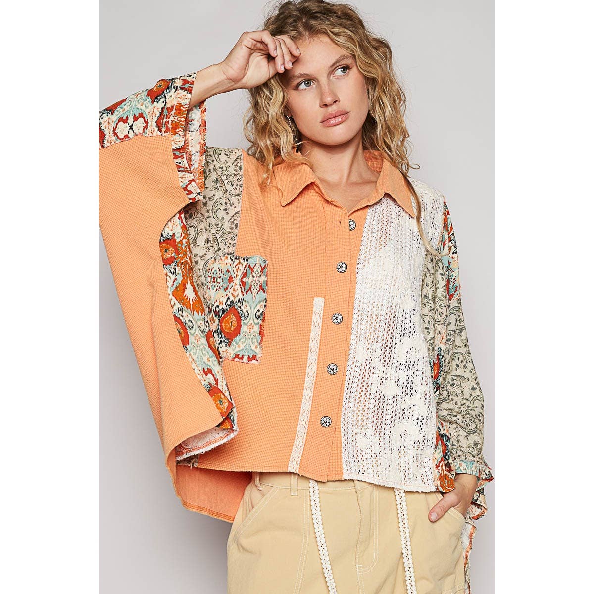 Oversize long sleeve crochet lace contrast top SALE