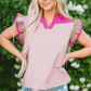 Mist Blue Colorblock Ruffled Sleeve Frill V Neck Blouse