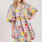HALF BUTTON BUBBLE SLEEVE FLORAL MIDI DRESS