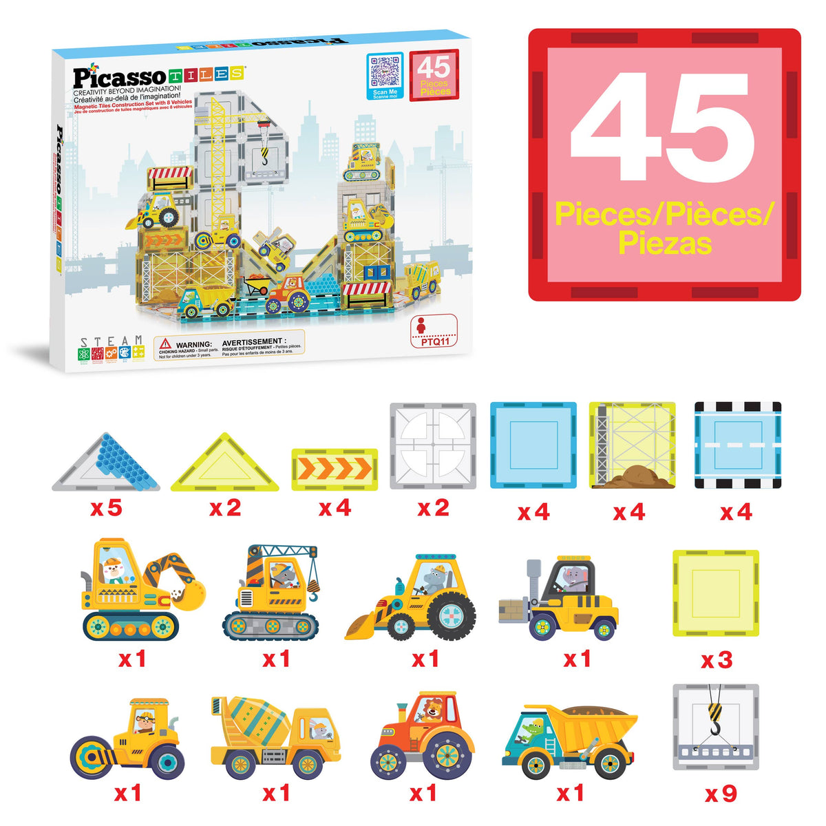 PicassoTiles 45pc Construction Magnetic Tile Building Set