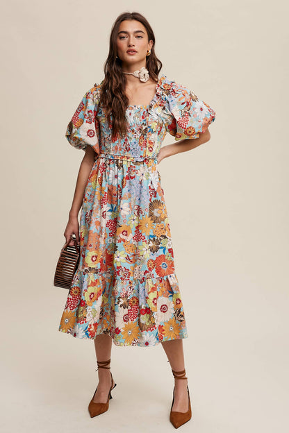 Vintage Flower Print Puff-Sleeve Midi Dress