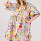 HALF BUTTON BUBBLE SLEEVE FLORAL MIDI DRESS