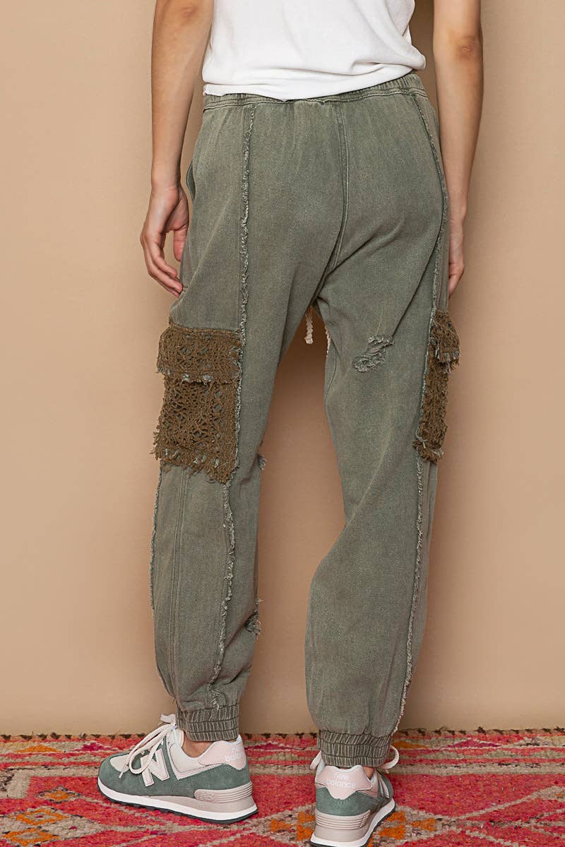Tie waistband contrast crochet cargo pockets denim joggers