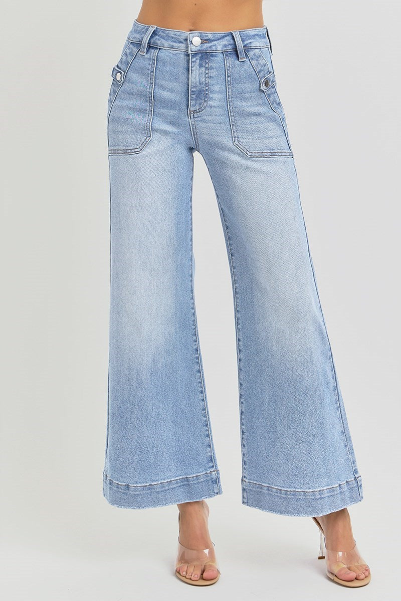 High Rise Ankle Wide Leg Patch Front Jeans
