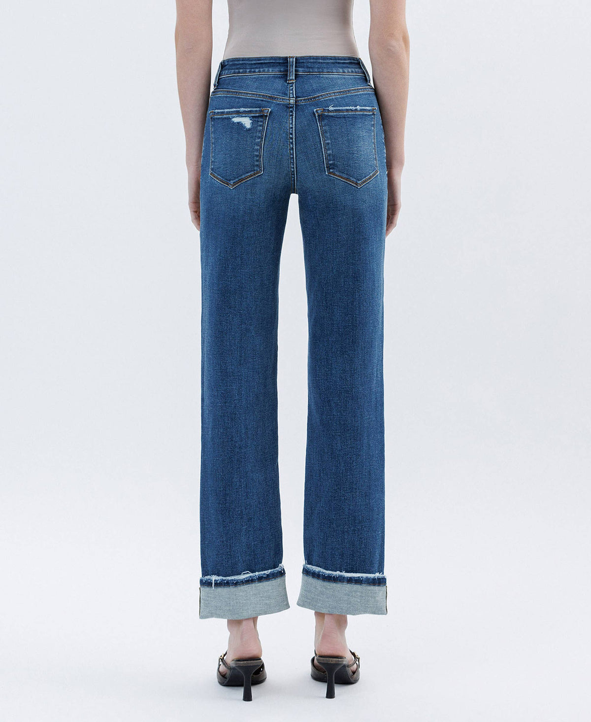HIGH RISE DARK WASH CUFFED STRAIGHT JEANS