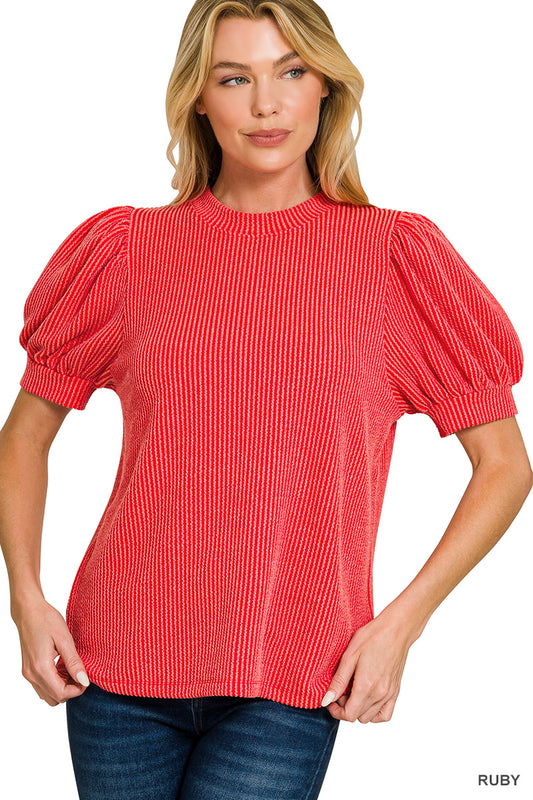 Ribbed Puff Sleeve Top